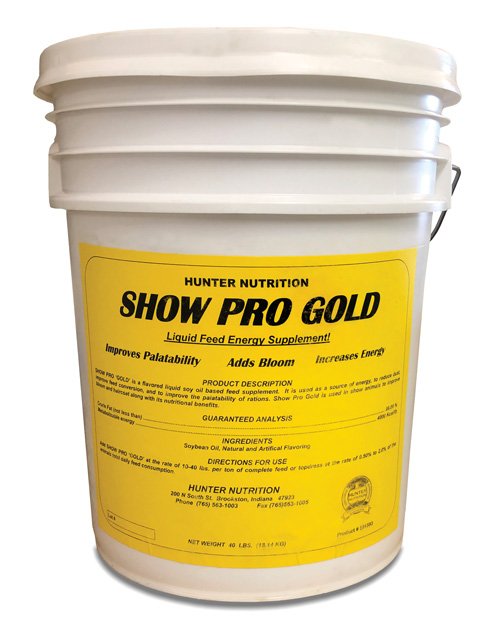 5 Gallon Bucket of Show Pro Gold with a bright Yellow label on it